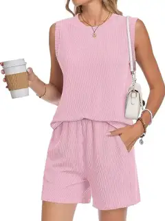 Pocketed Ribbed Top and Shorts Matching Set