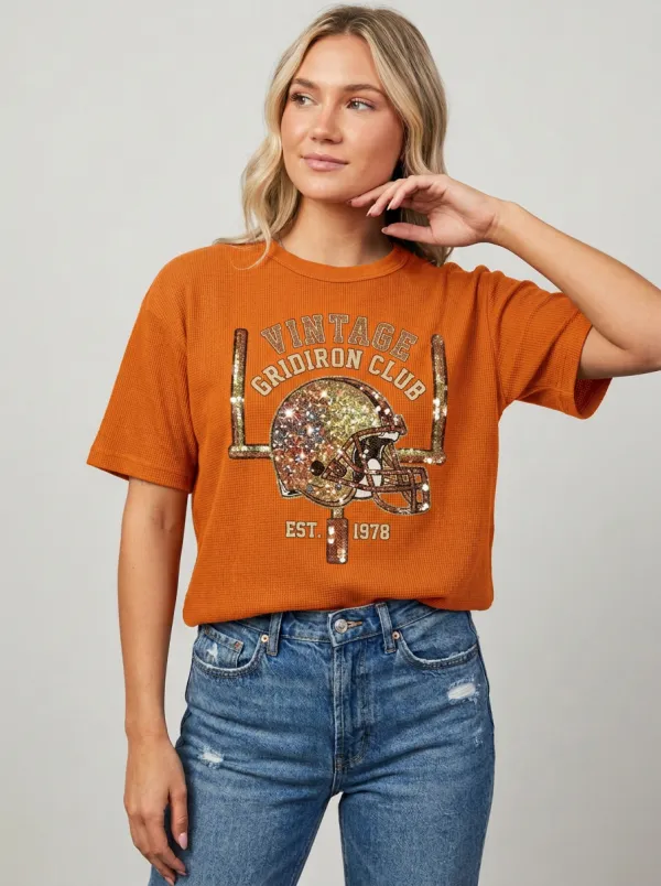Women's Football Fan Vintage Gridiron Club Sequin Helmet Printed T-Shirt