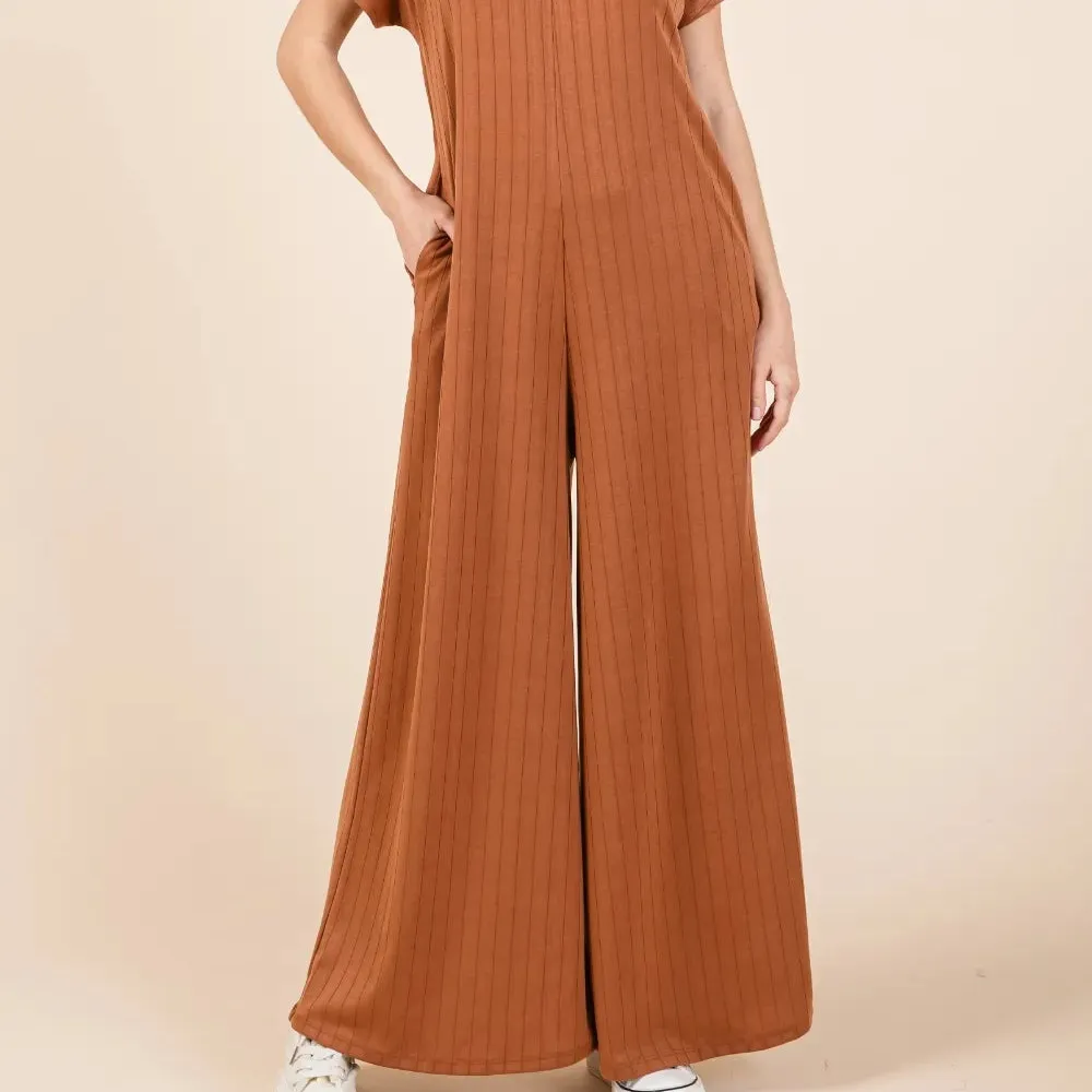 Ribbed Short Sleeve Wide Leg Jumpsuit