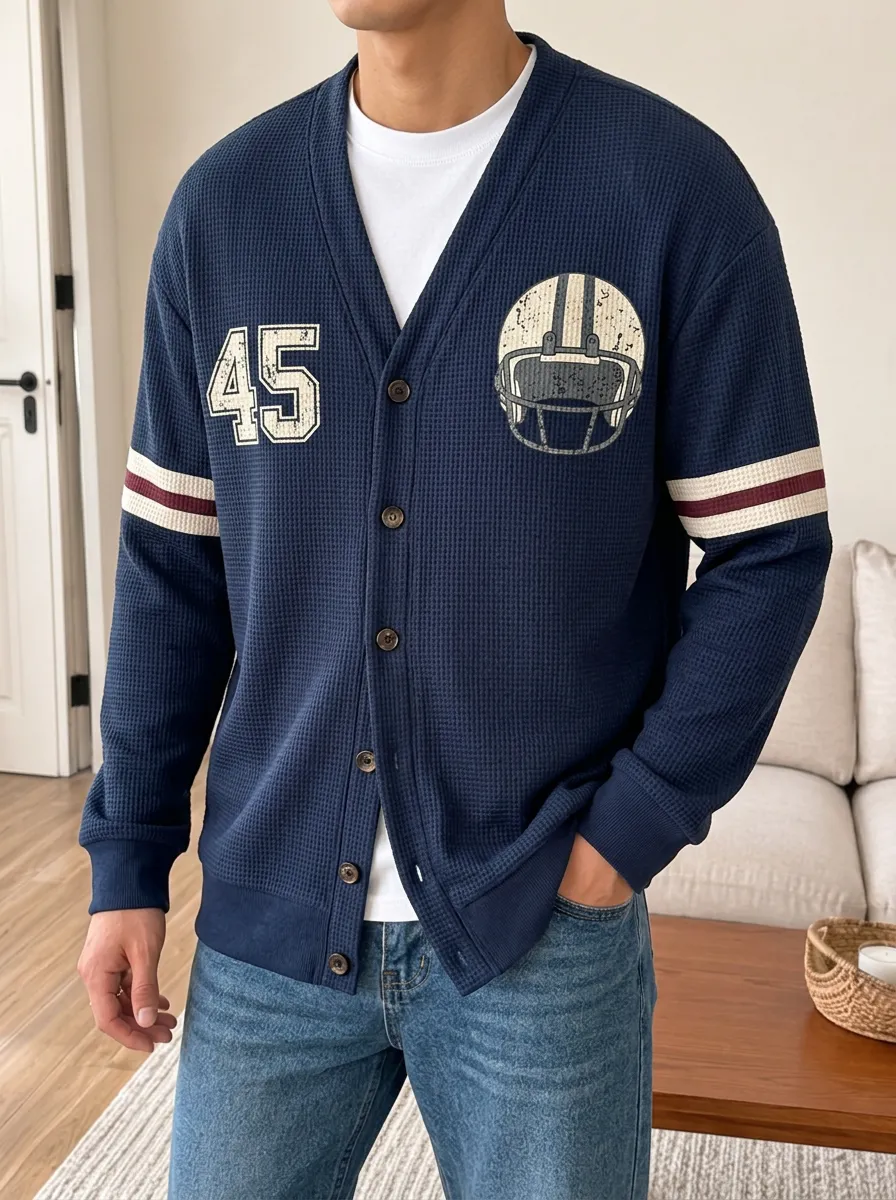 Men's Football Fan 45 Helmet Graphic Printed Waffle Cardigan