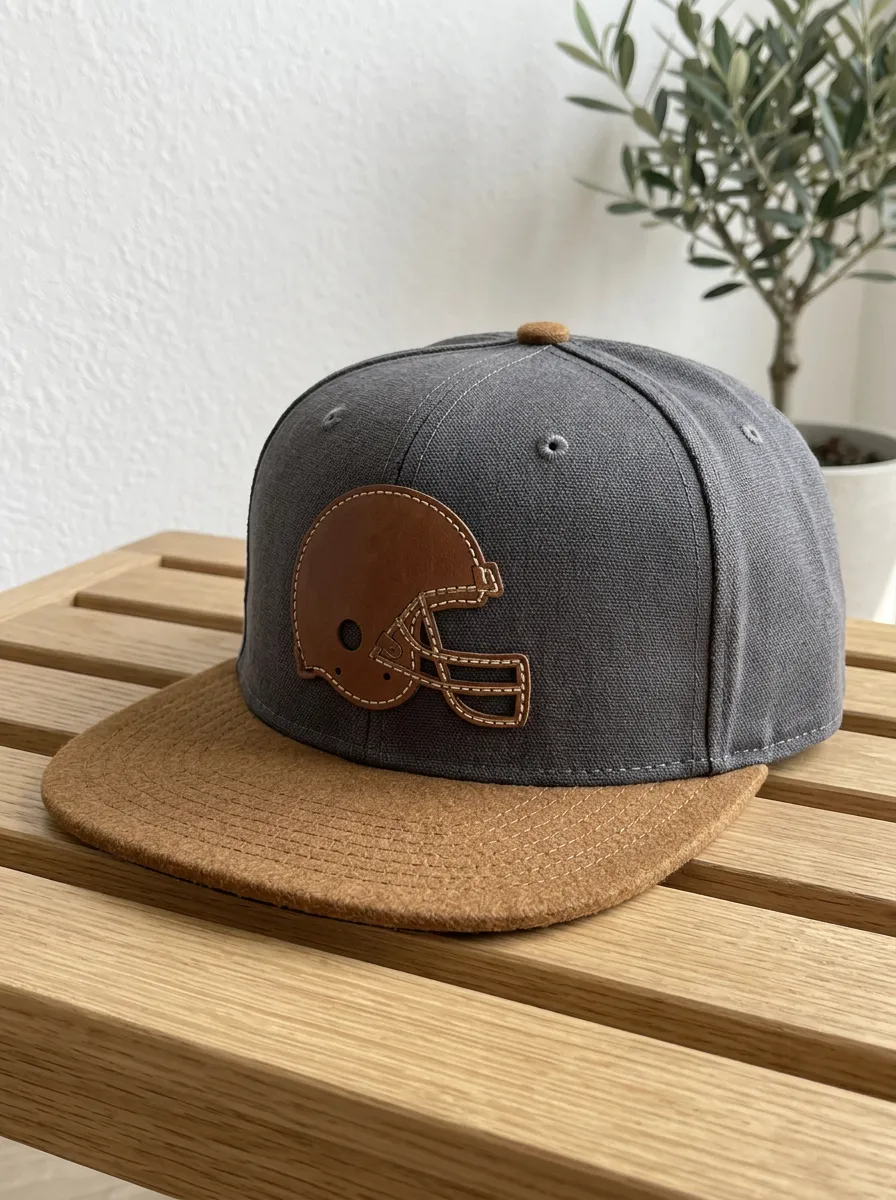 Men's Football Fan Brown Leather Helmet Patch Snapback Cap