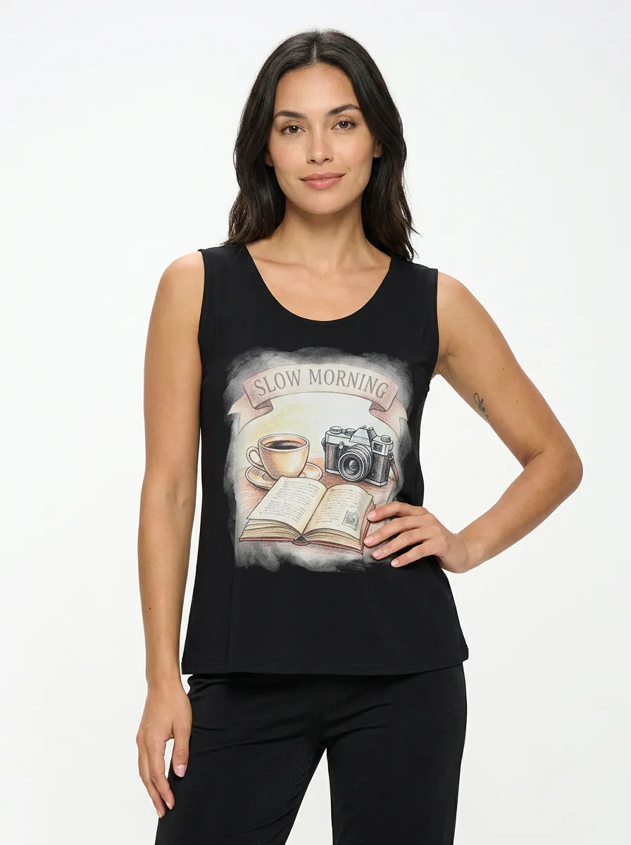 Women's Coffee Camera Book Lover Slow Morning Printed Tank Top