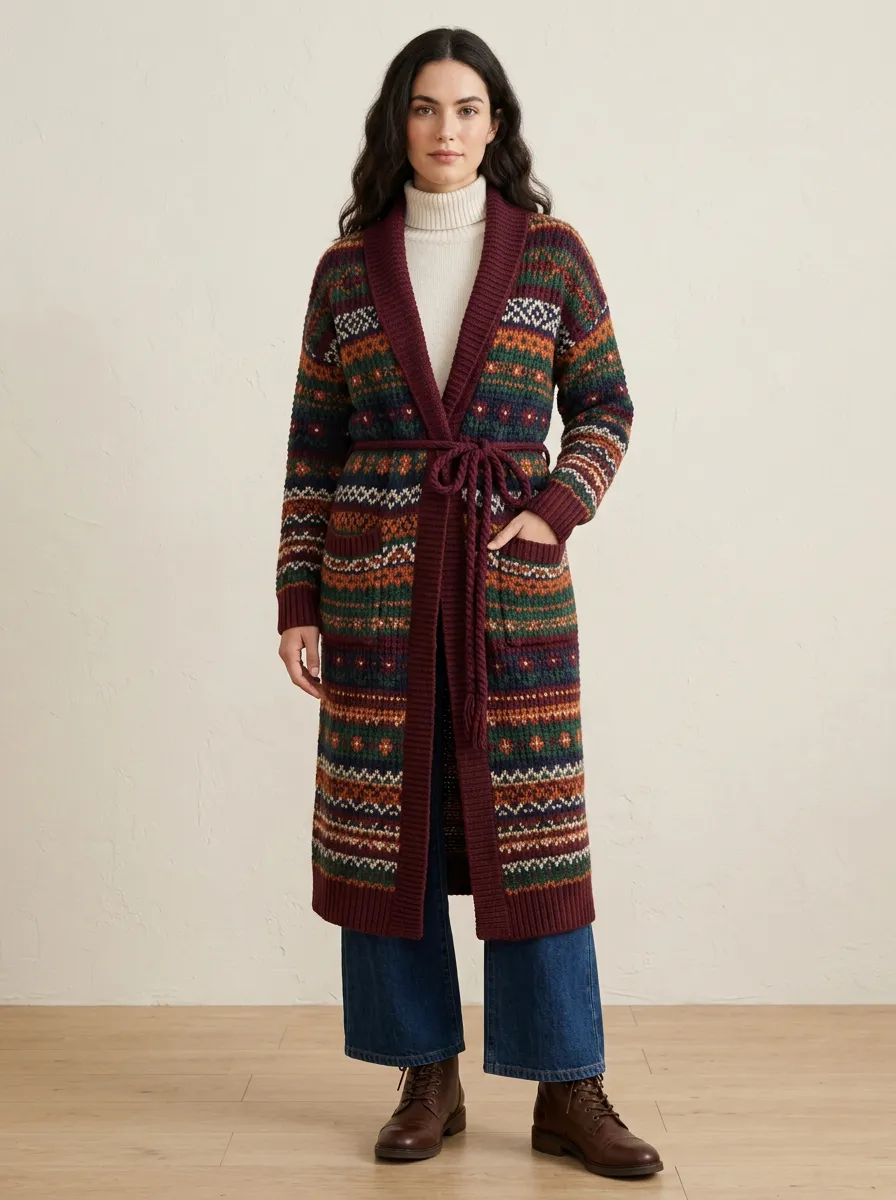 Women's Vintage Fair Isle Patterned Belted Knit Cardigan