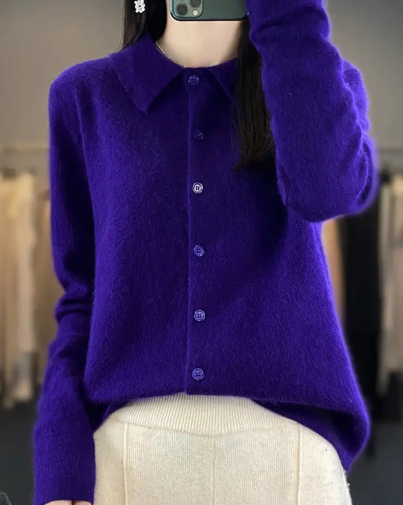 Mink-Cashmere Cashmere Button-Front Polo-Collar Cardigan