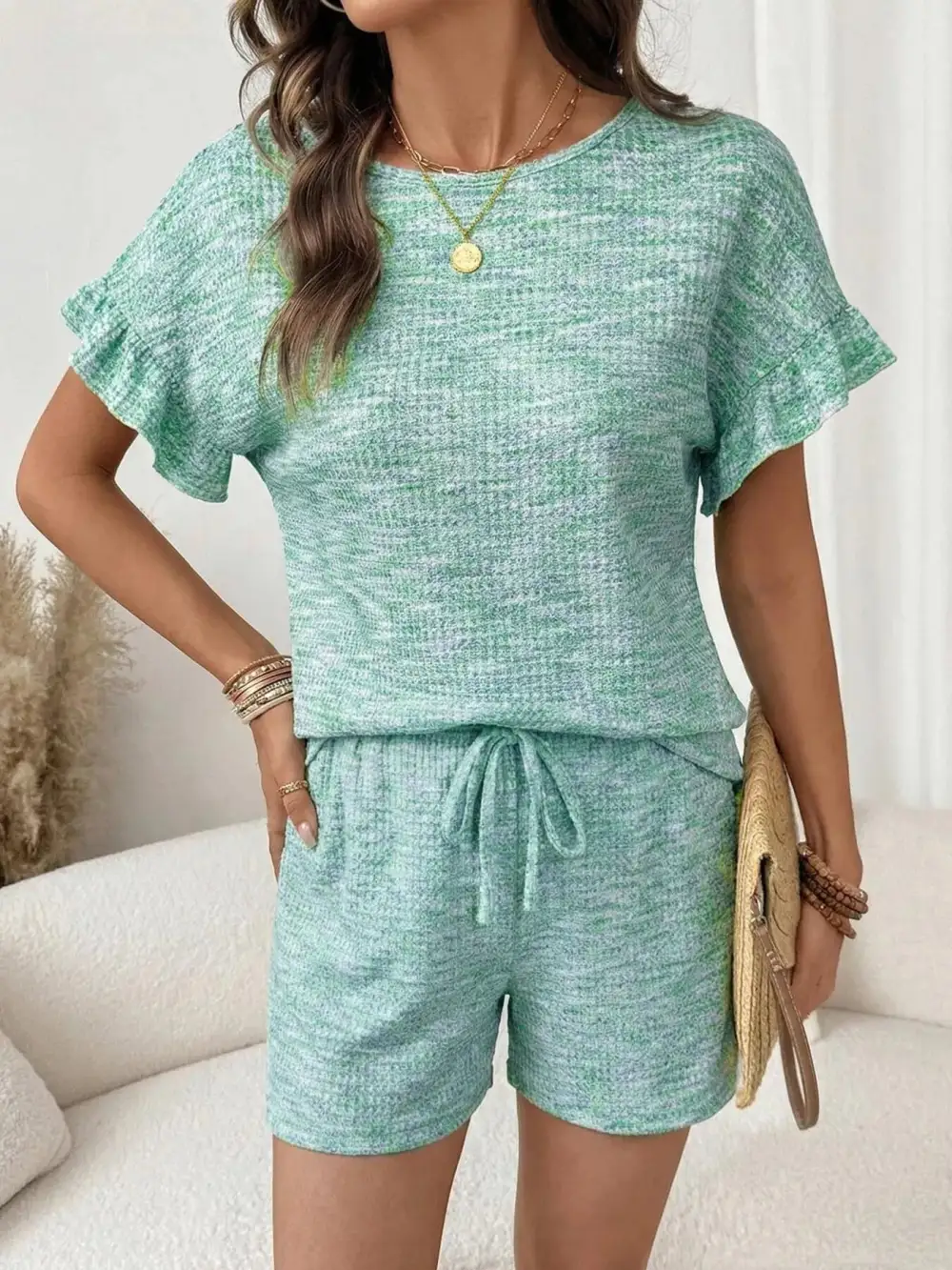Ruffle Sleeve Textured Top Shorts Set