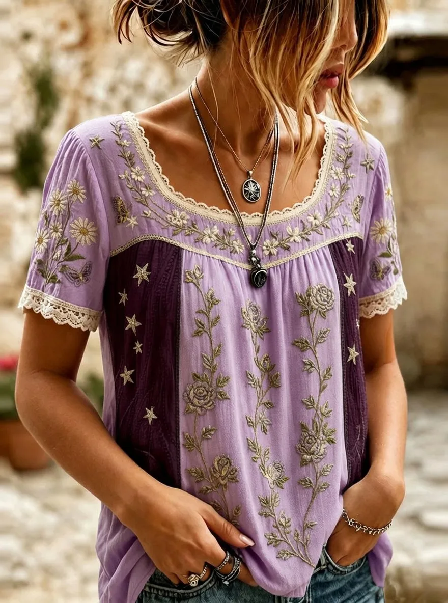 Women's Boho Floral Star Butterfly Embroidered Printed T-shirt