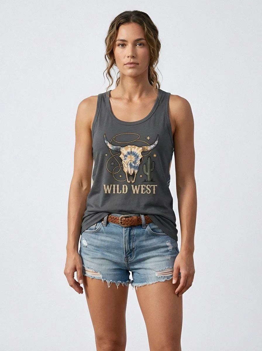 Women's Wild West Cow Skull Cactus Tie-Dye Printed Tank Top