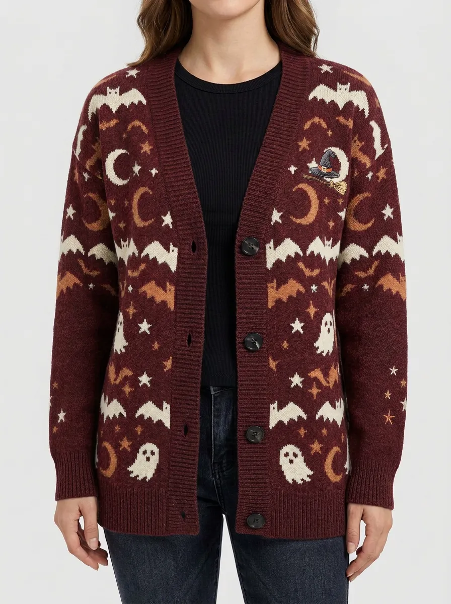 Women's Halloween Ghost Bat Moon Pattern Printed Cardigan