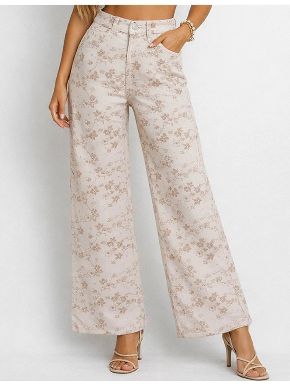 Rhinestone Jacquard Jeans Button Waist Wide Leg Denim Pants