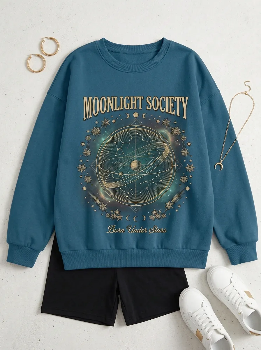 Women's Astrology Lover Moonlight Society Celestial Printed T-shirt
