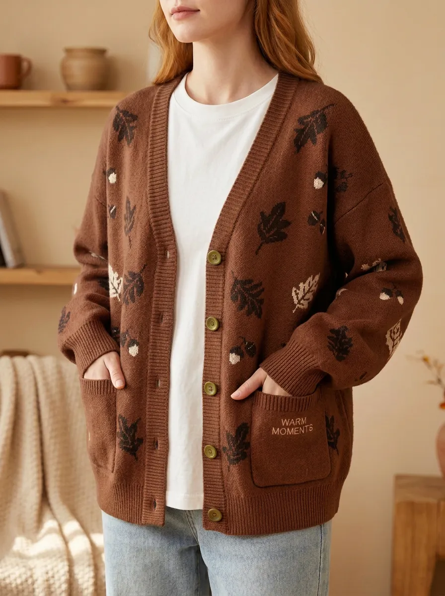 Botanical Leaf Acorn Pattern Patterned Women's Knit Cardigan