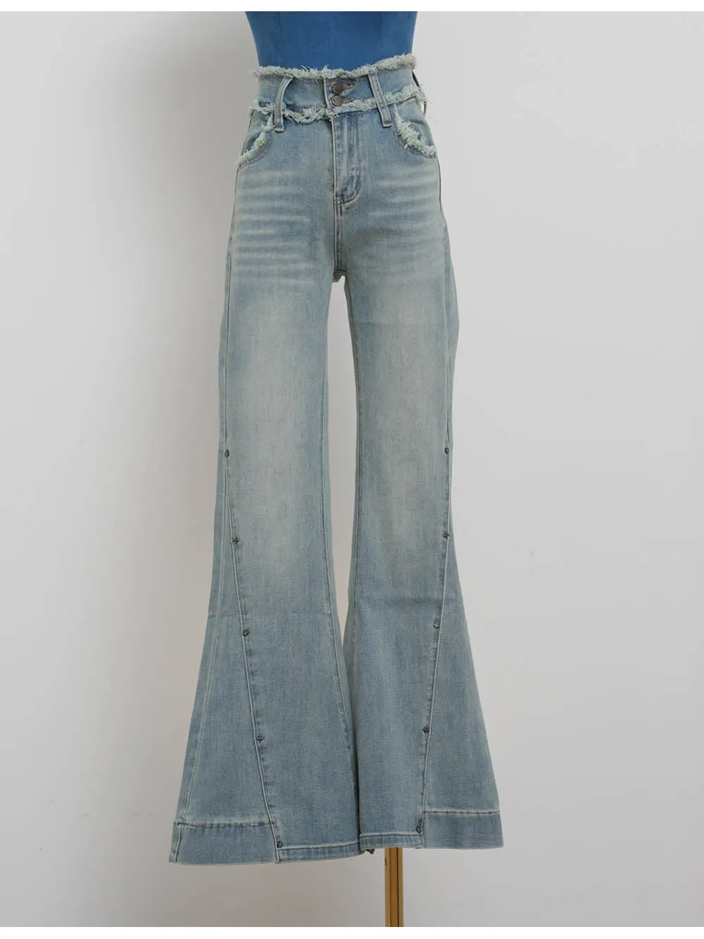 Vintage Raw Edge Waist Flared Leg Denim Pants