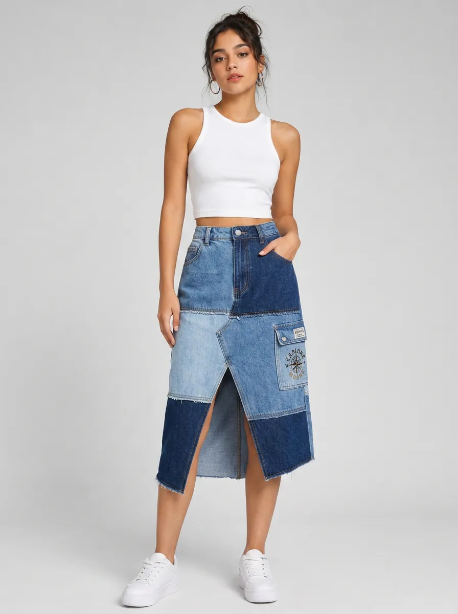 Women's Vintage Style Compass Patchwork Printed Denim Midi Skirt