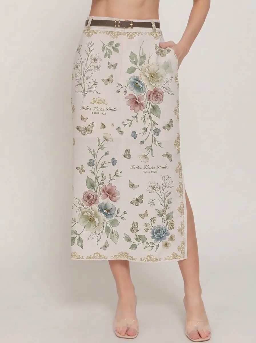 Women's Belted Vintage Floral Butterfly Botanical Printed Midi Skirt