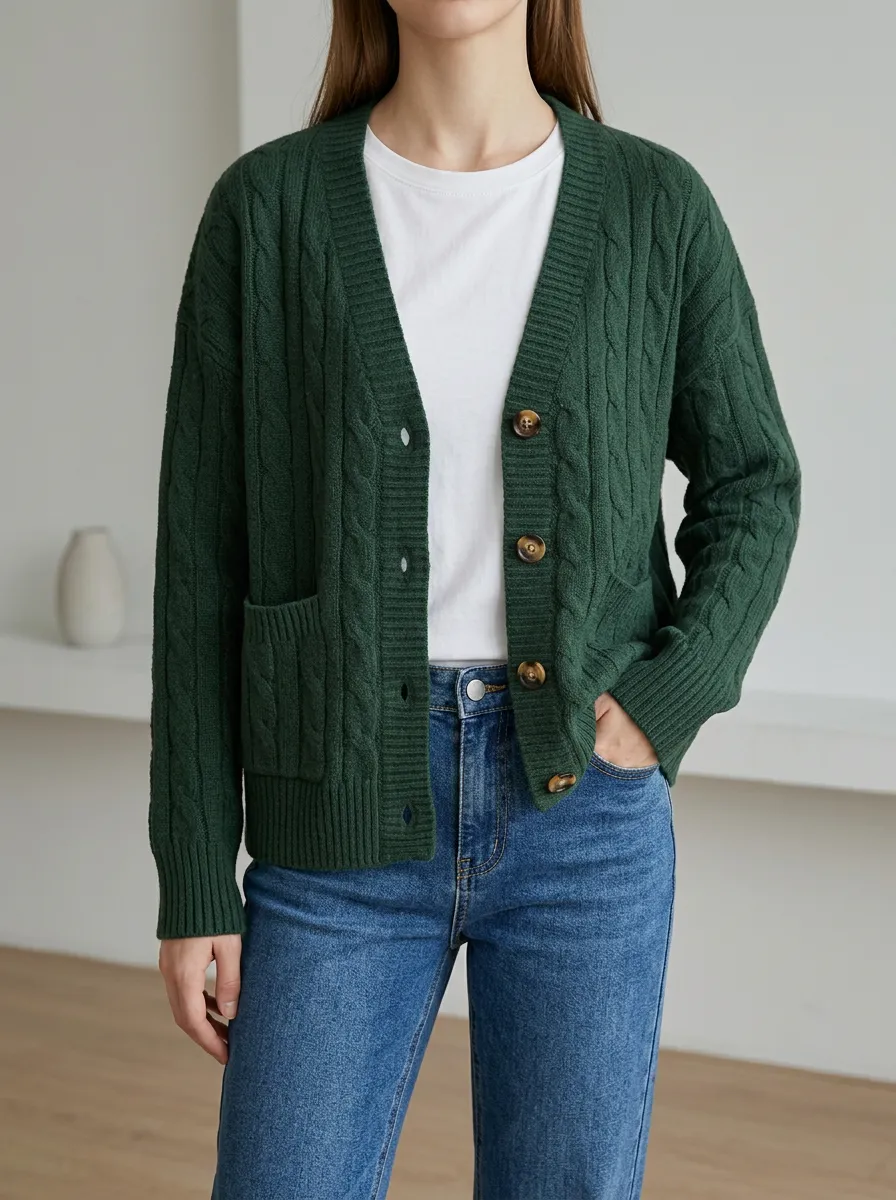Women's Polished Casual Layered Cable Knit Button Front V Neck Cardigan