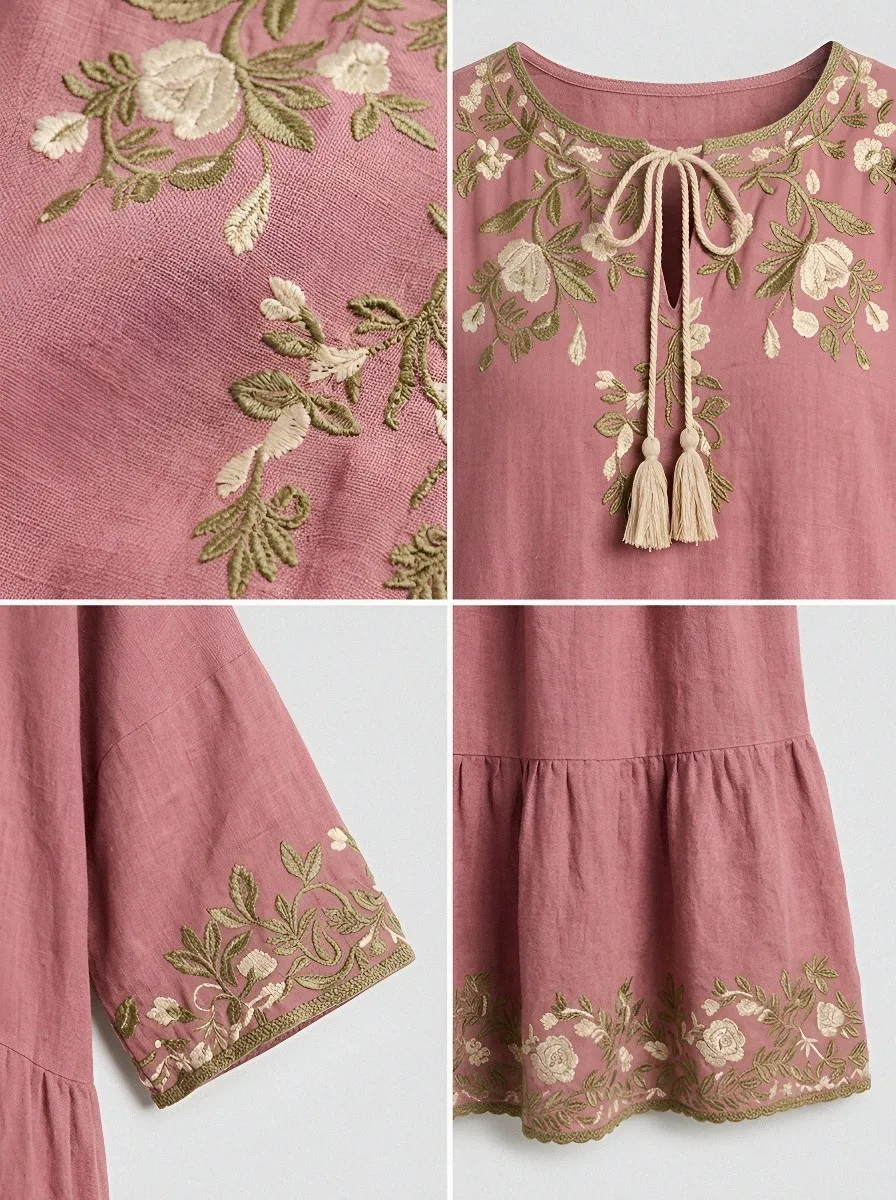 Women's Summer Vacation Floral Embroidered Linen Printed Dress