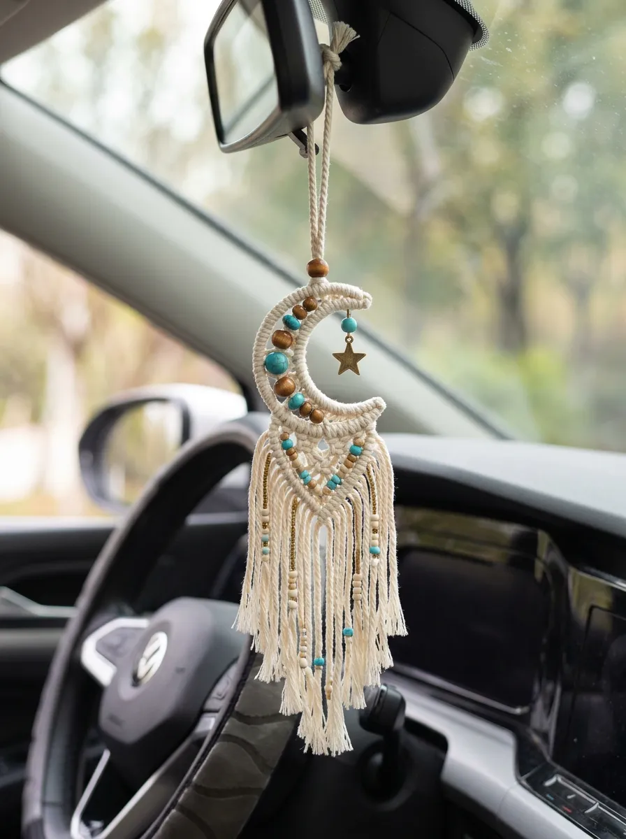 Macrame Beaded Moon-Star Rearview Mirror Hanging Ornament