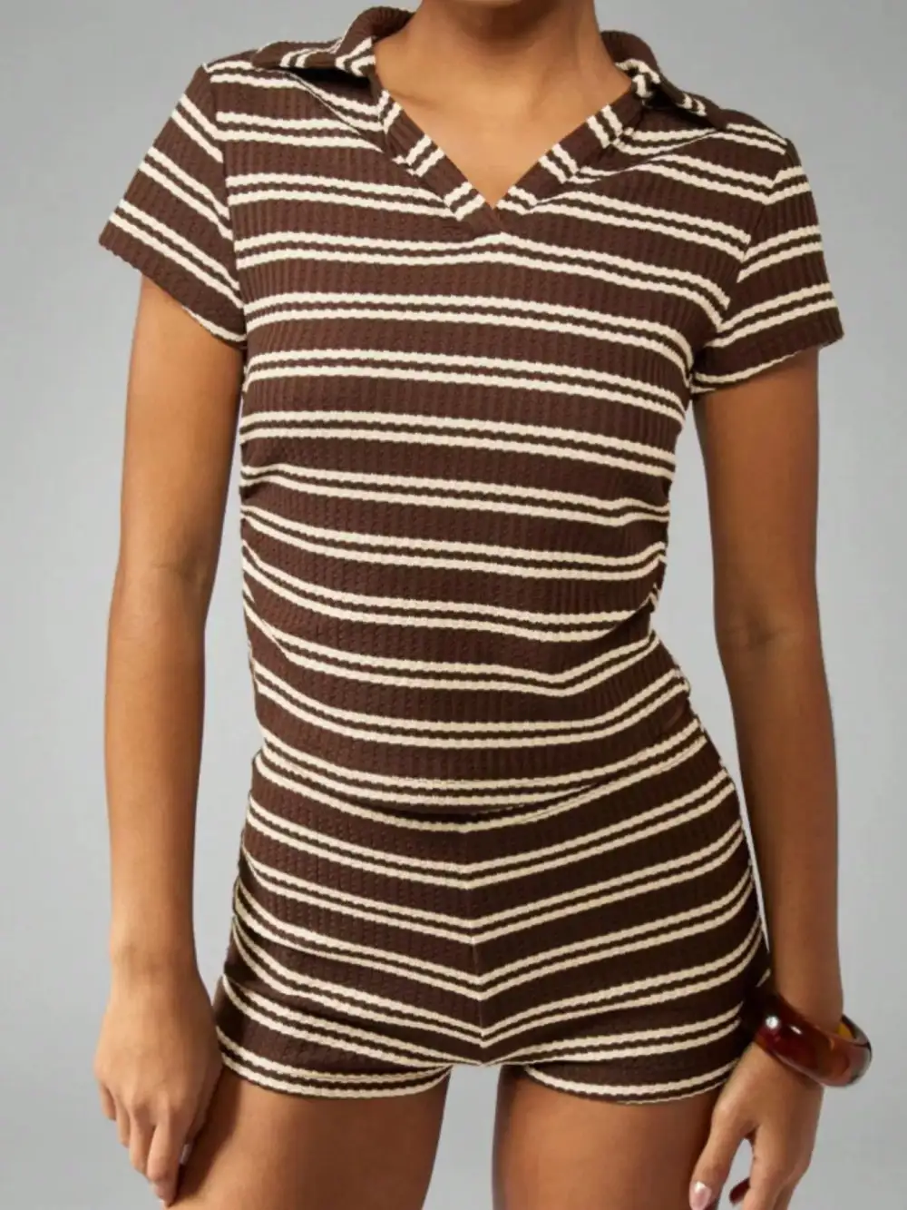 Striped Knit Short Sleeve Top Shorts Set