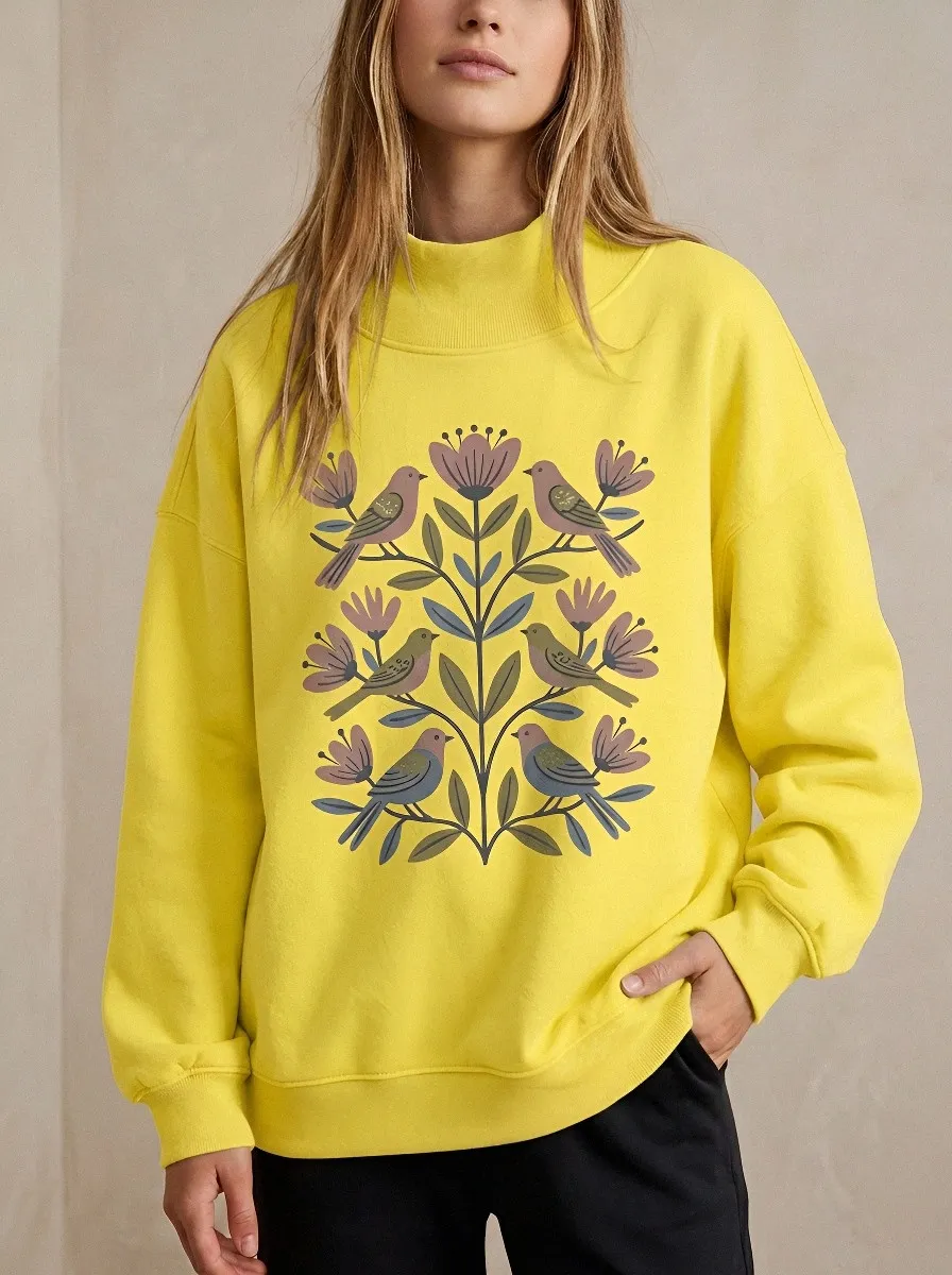 Women's Nature Lover Floral Bird Folk Art Printed Sweatshirt
