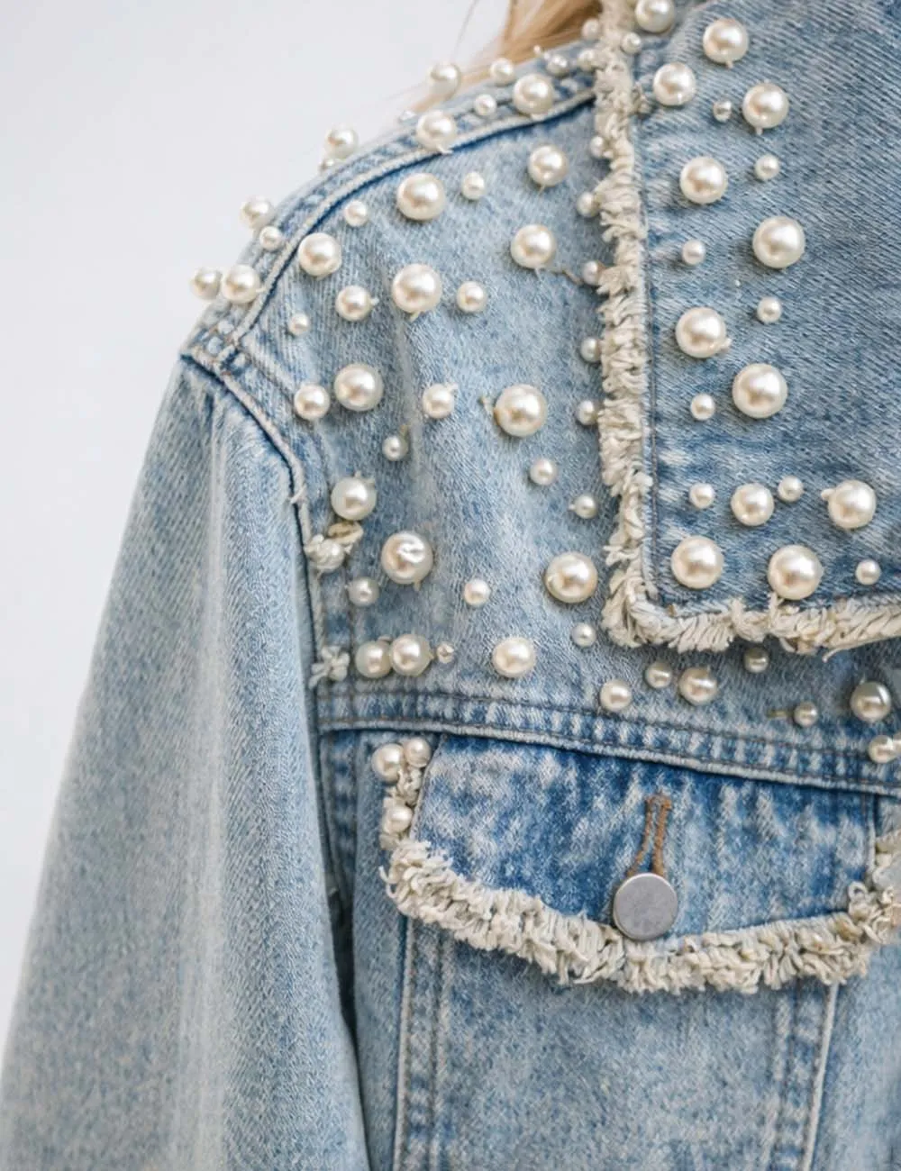 Faux Pearl Beaded Frayed Hem Cropped Denim Jacket