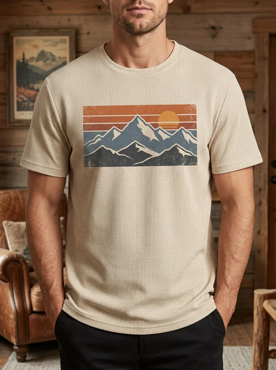 Men's Vintage Mountain Sunset Graphic Crew Neck T-Shirt