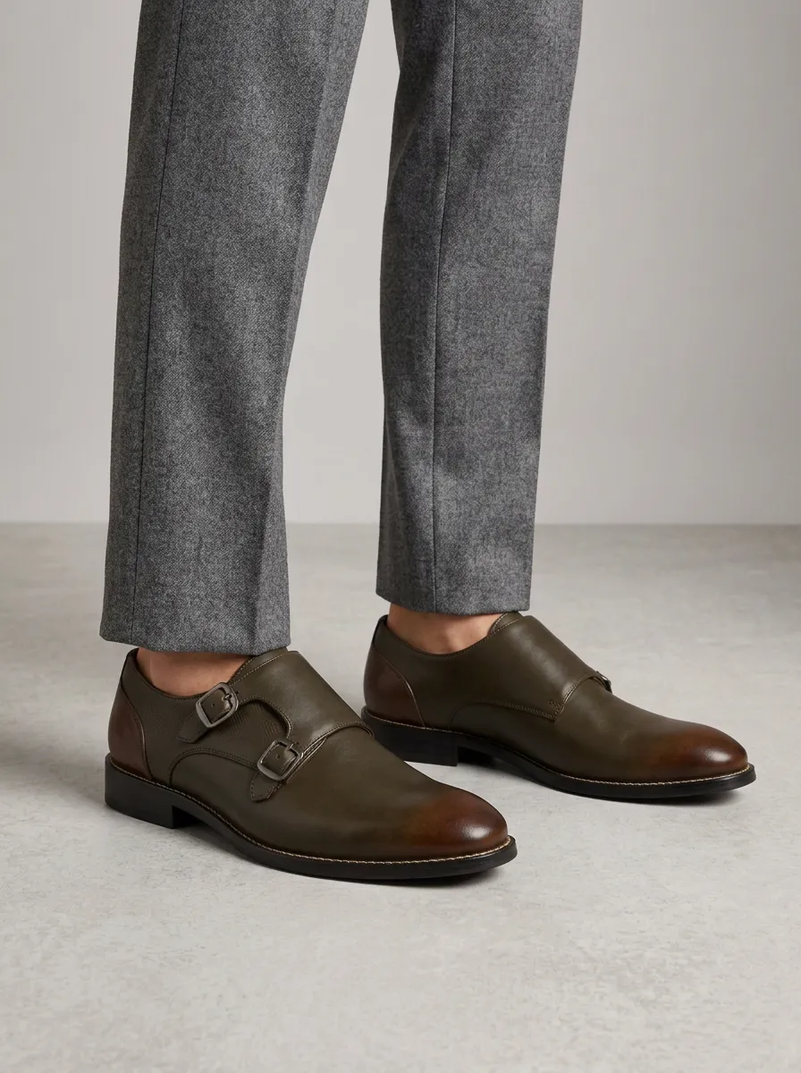 Men's Business Casual Leather Double Monk Strap Shoes