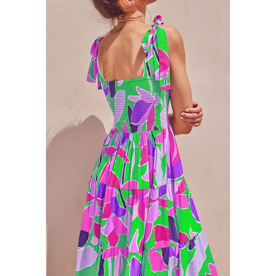 Tie-Shoulder Smocked Midi Dress