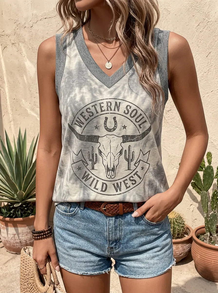 Women's Western Soul Wild West Cow Skull Printed V-Neck Tank Top