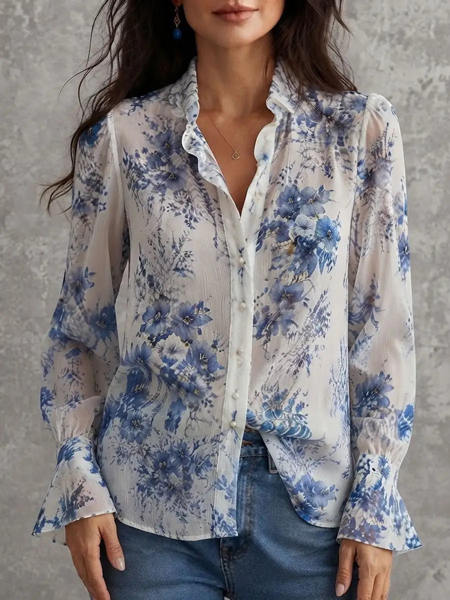 Boho Blue Floral Crinkle Chiffon Ruffle Collar Blouse