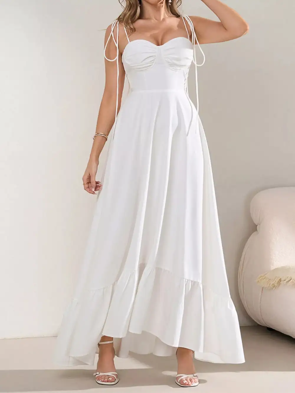 Sweetheart Neck Tie Strap Ruffle Hem Maxi Dress