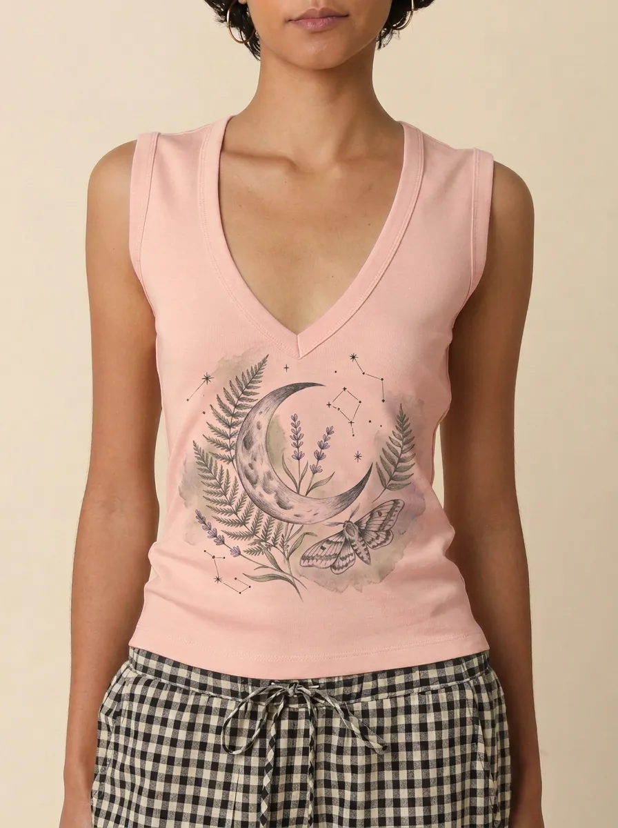 Women's Celestial Moth Fern Moon Printed Tank Top