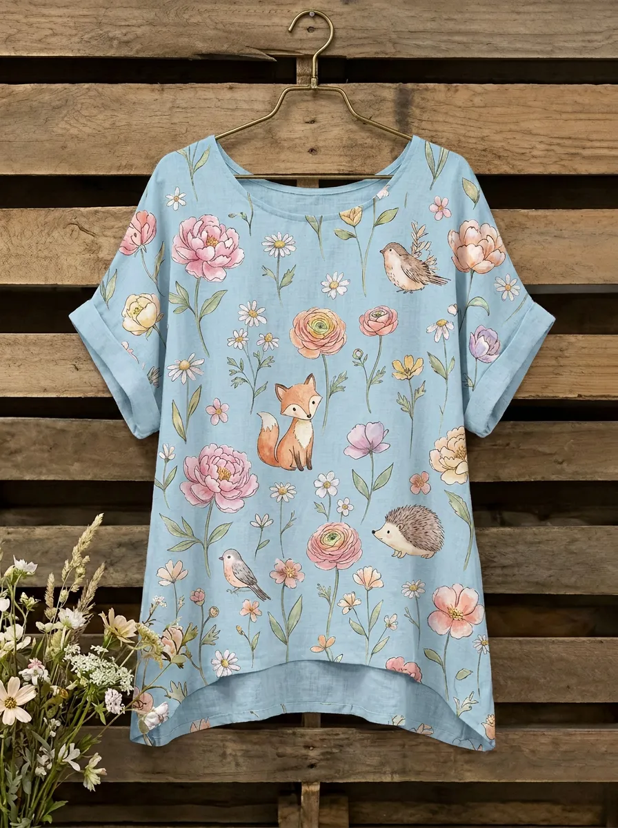 Bird Fox Hedgehog Women's Loose Printed T-Shirt
