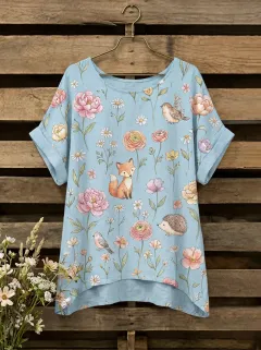 Bird Fox Hedgehog Women's Loose Printed T-Shirt
