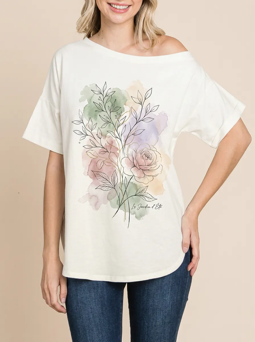 Women's Floral Botanical Watercolor Line Art Printed T-shirt