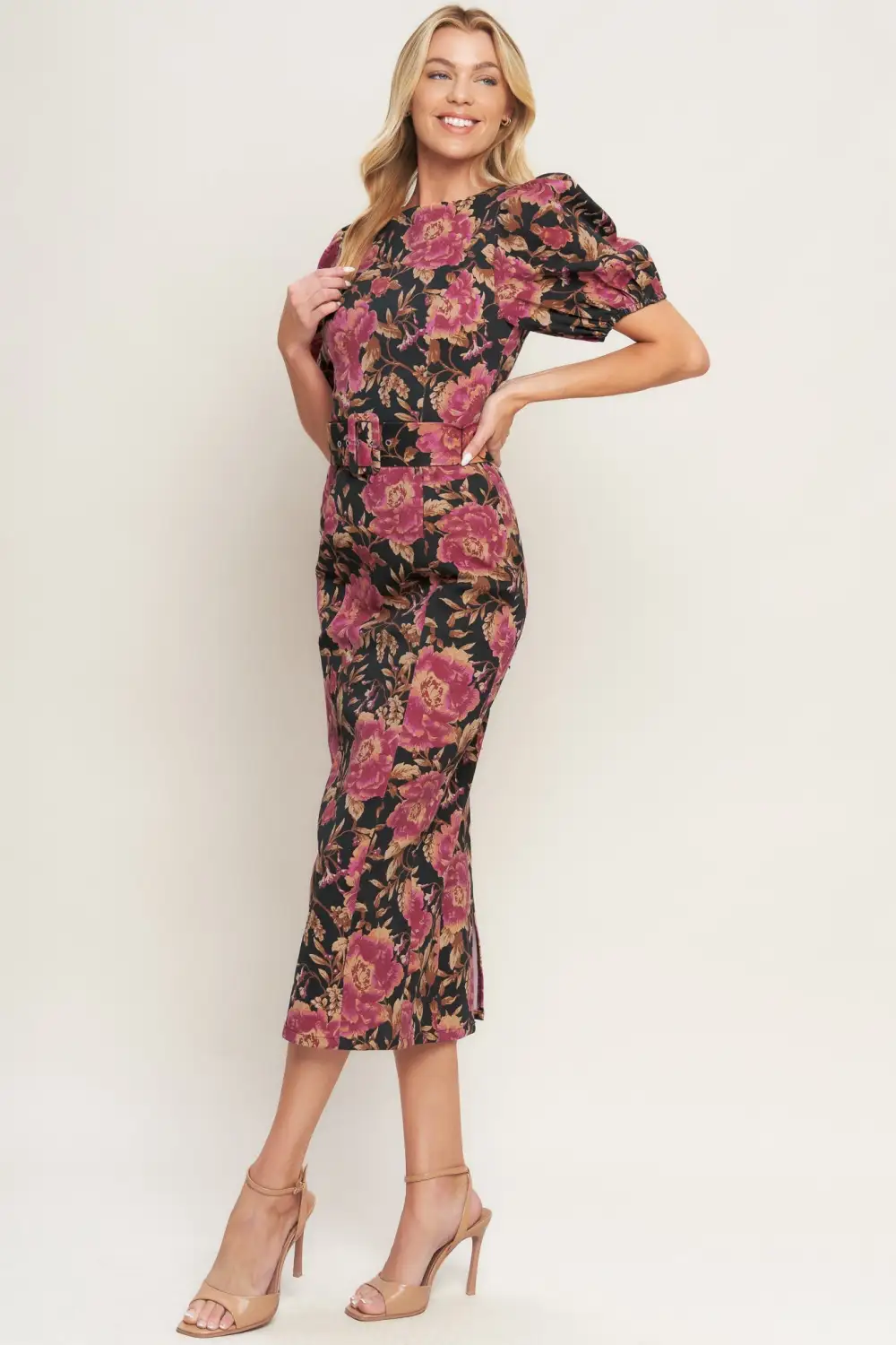 Puff-Sleeve Cotton Printed Midi Dress