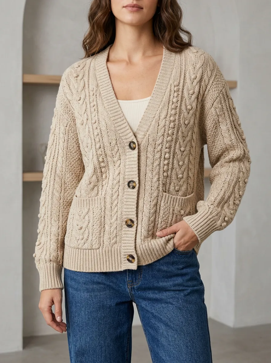 Women's Cable Knit Button Front V Neck Daily Cardigan