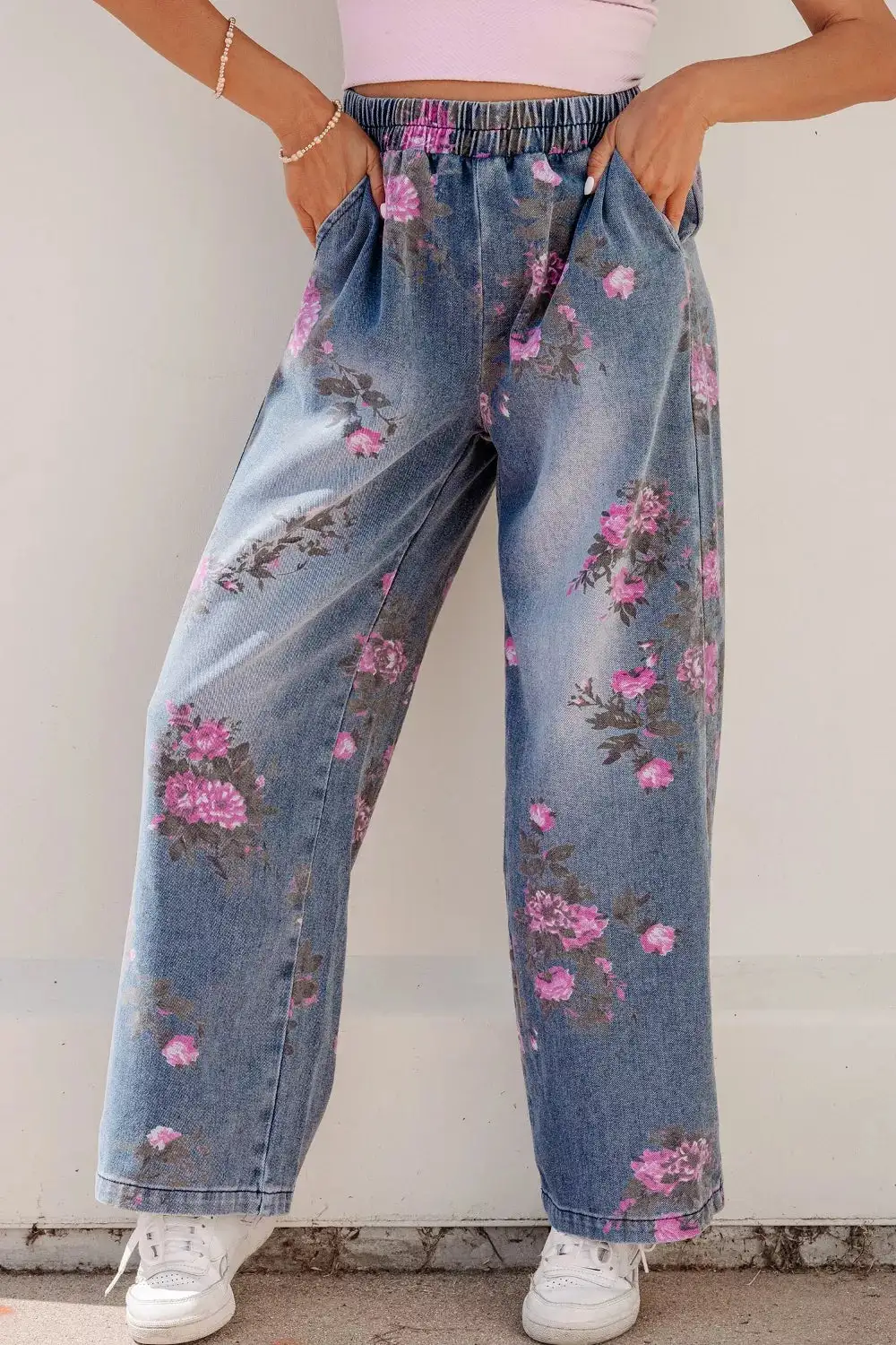 Women' High Waisted Floral Print Wide Leg Elastic Waist Jeans