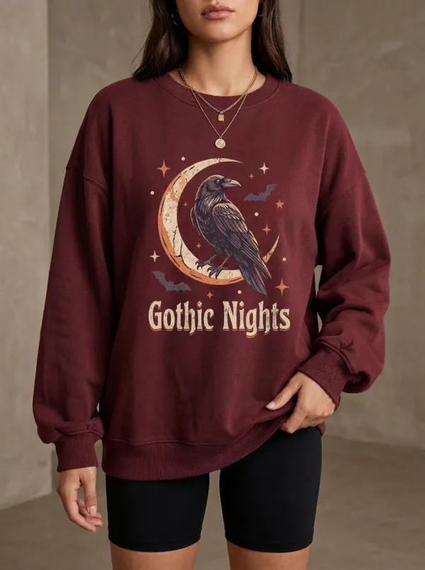 Women's Halloween Gothic Raven Moon Printed Sweatshirt
