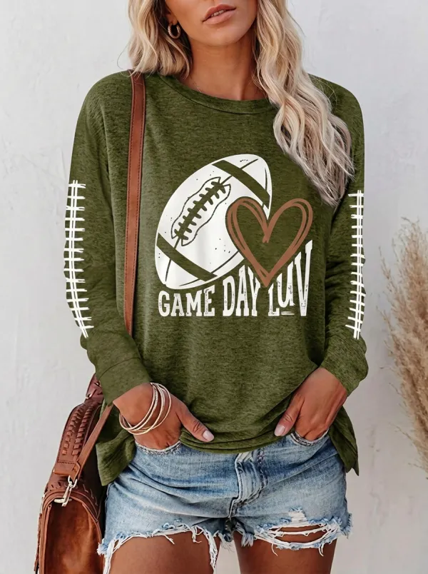 Women's Gridiron Heart Ball Game Day Crewneck Long Sleeve T-Shirt