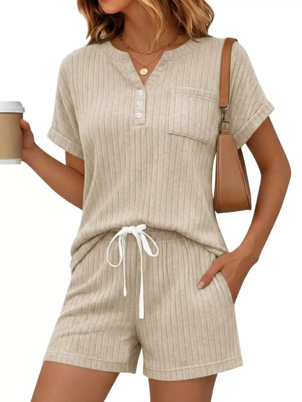 Casual Ribbed Knit Tee Shorts Set