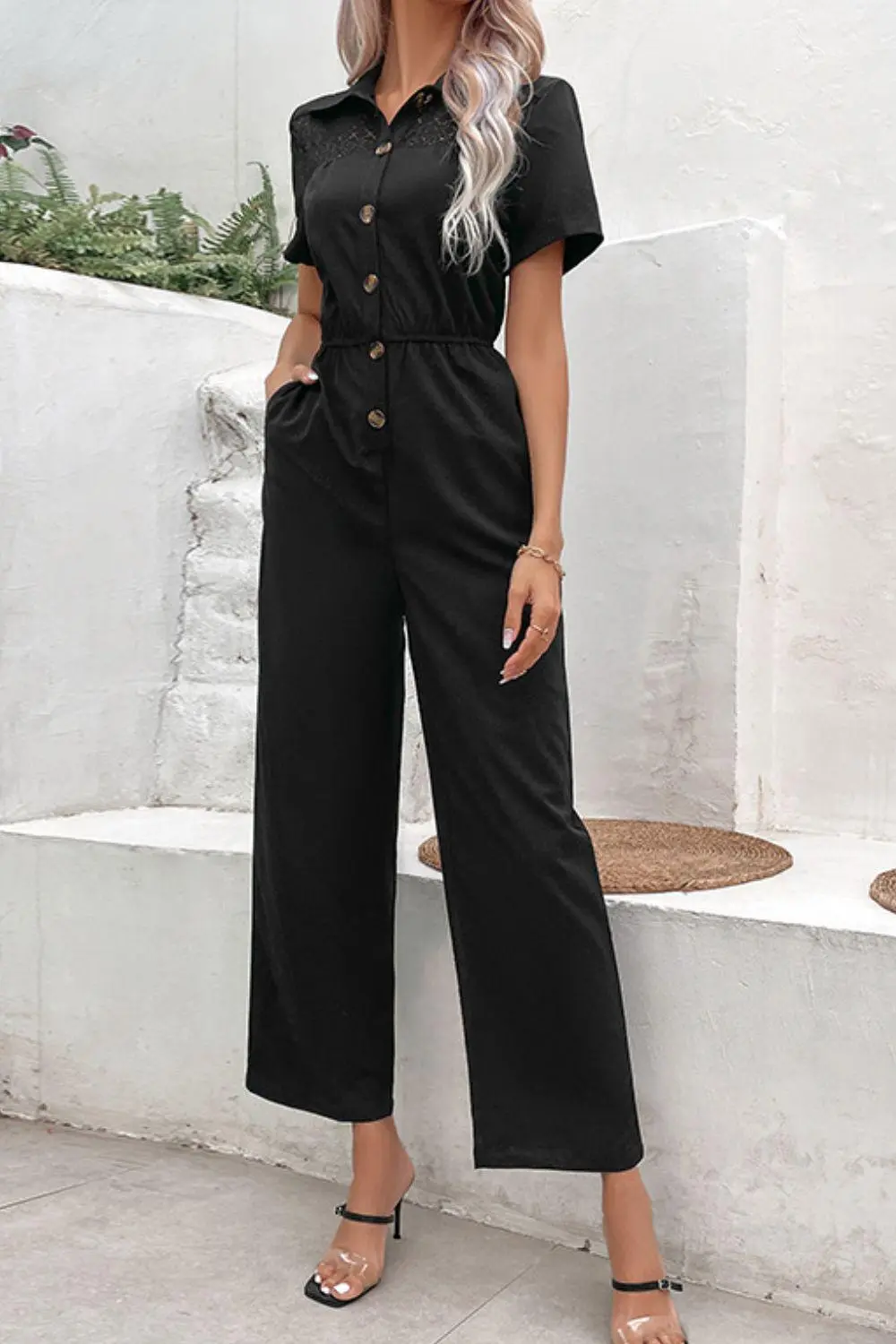 Collared Neck Short Sleeve Jumpsuit Shorts