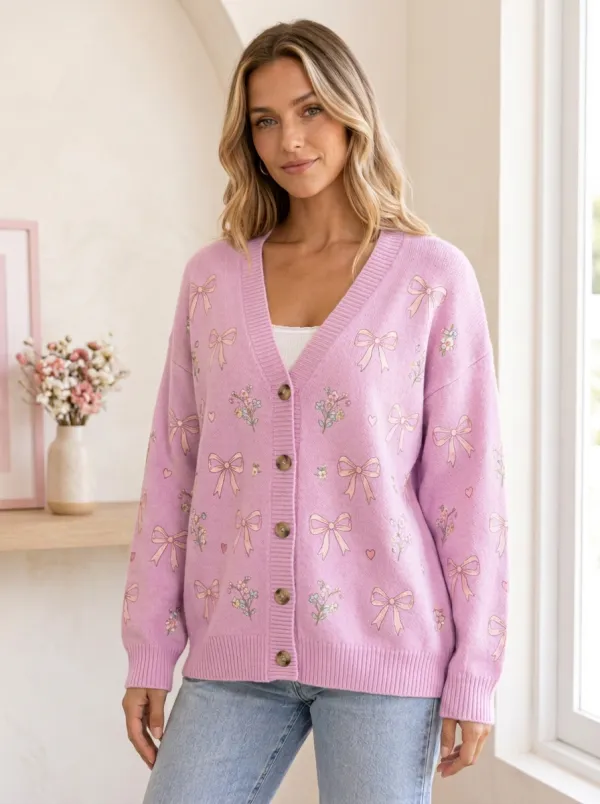 Women's Floral Ribbon Bow Romantic Printed Cardigan