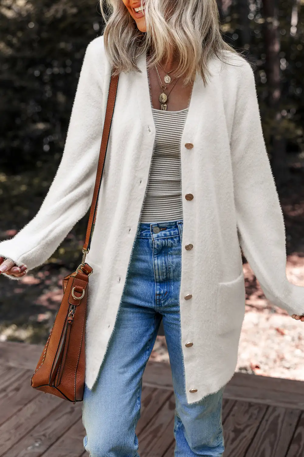 Fuzzy Button Front Midi Solid Cardigan