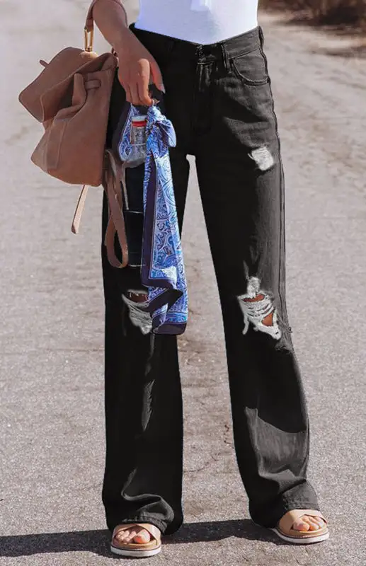 Ripped High Rise Wide Leg Denim Jeans