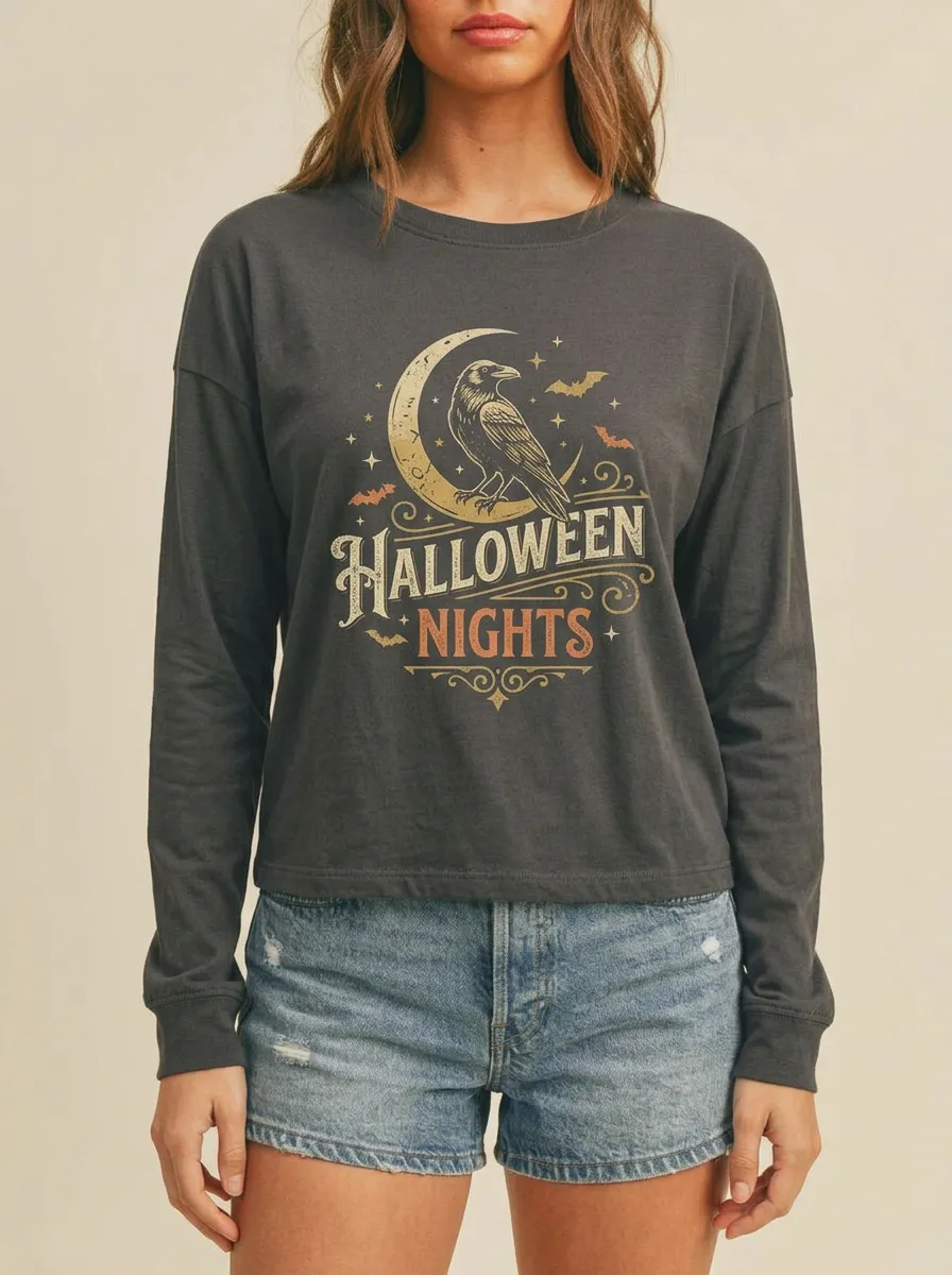 Women's Halloween Raven Moon Bats Printed Long Sleeve T-shirt