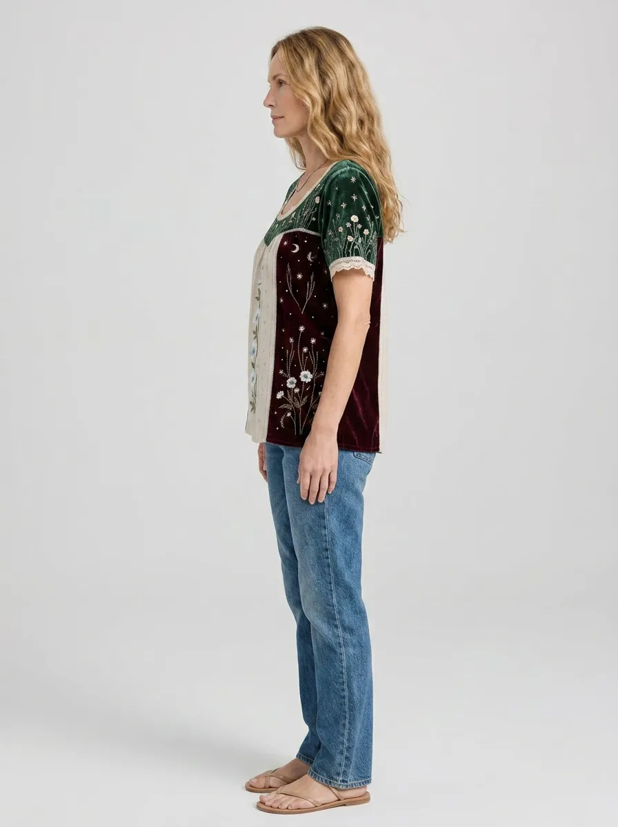 Women's Boho Floral Moon Celestial Embroidered Printed T-shirt