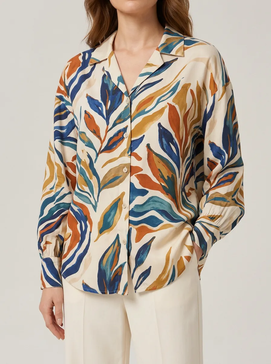 Women's Leaf Motif Long Sleeve Printed Shirt