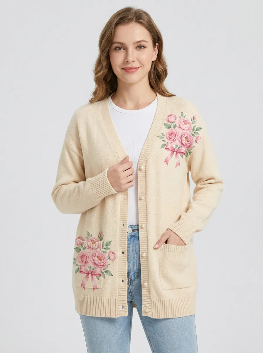 Women's Breast Cancer Awareness Pink Ribbon Rose Printed Cardigan