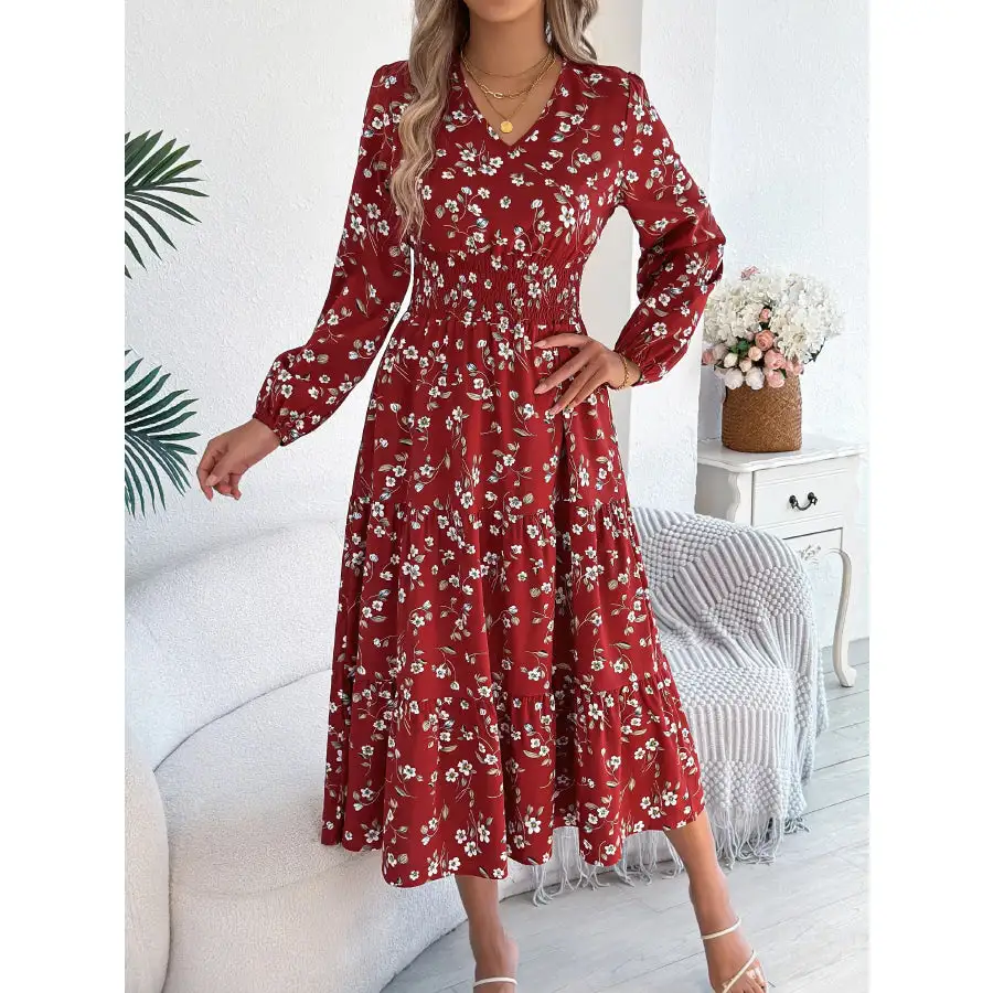 Long Sleeve V-Neck Midi Dress