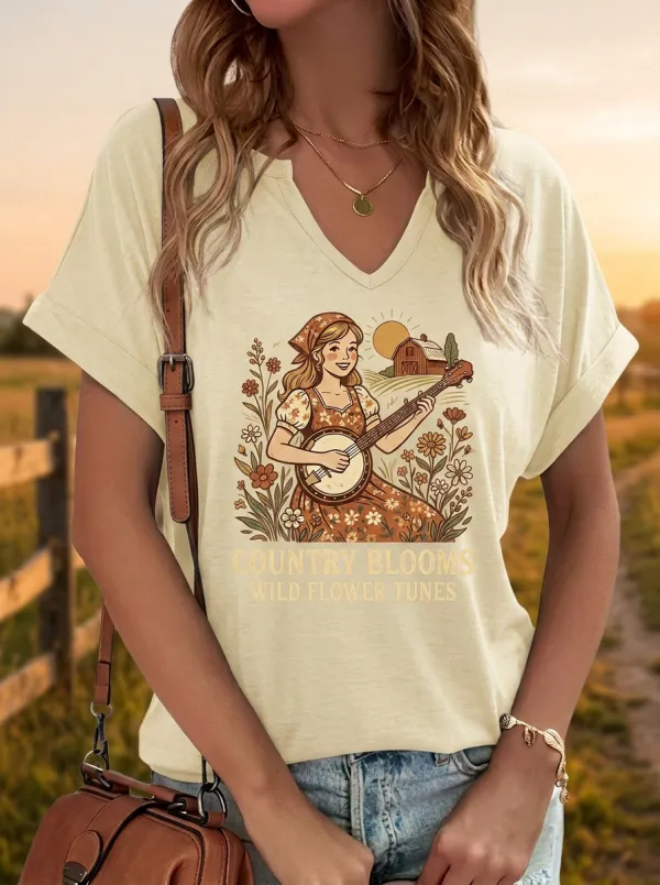 Rustic Banjo Wildflower Country Music Graphic T-Shirt